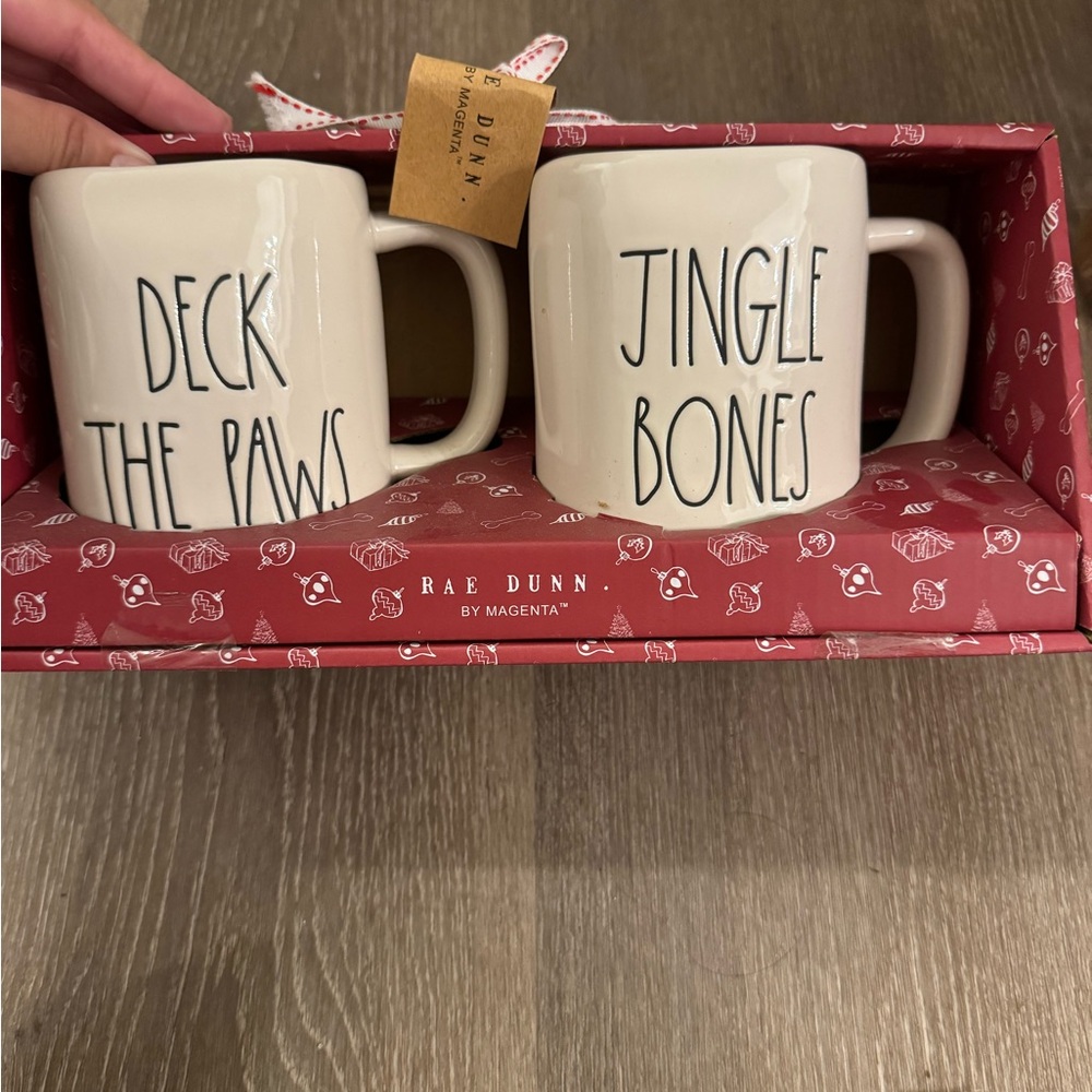 Rae Dunn Cream Holiday Mugs Set - Deck the Paws & Jingle Bones
